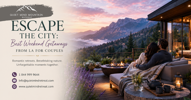 Couple enjoying a luxury mountain wellness retreat near Los Angeles with scenic mountain views